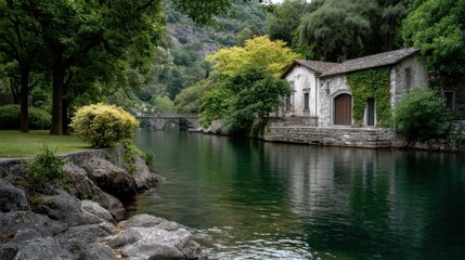 Fototapeta premium An old stone house on the river bank, with mountains in the background and an old stone bridge, surrounded by lush vegetation. 