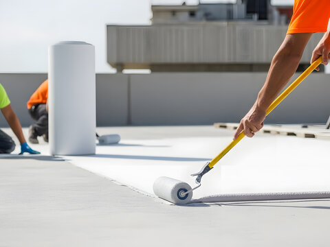 Applying white reflective waterproof coating to commercial flat roof | Professional contractors installing liquid roofing membrane | Worker painting thermal insulation coating with long roller