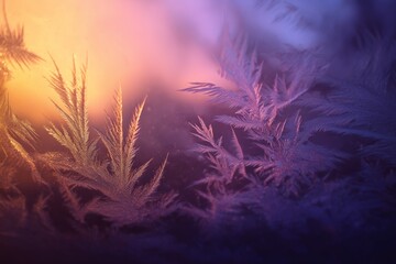 Frost patterns on glass glowing in warm winter sunrise