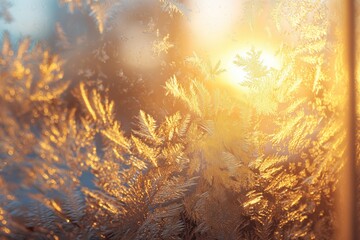 Frost patterns on glass glowing in warm winter sunrise
