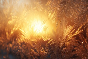 Frost patterns on glass glowing in warm winter sunrise