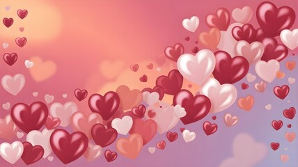 Floating red and white hearts on a blurred pink and orange background