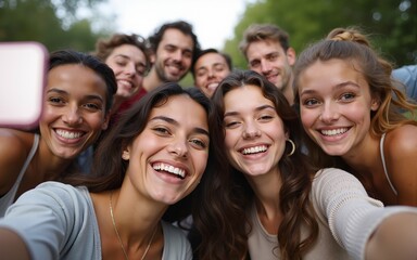 A picture of a group of people posing and smiling while taking a selfie. Perfect for capturing fun and memorable moments with friends and family. High quality
