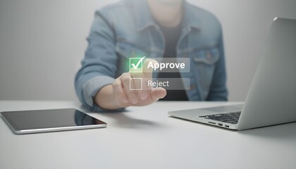 Persons finger pressing Approve button on a futuristic digital interface representing decision making and confirmation in technology with laptop and tablet nearby