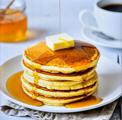 Fluffy Pancakes with Maple Syrup and Butter for Premium Breakfast Food Object and Sweet Morning Concept