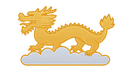 Fototapeta premium Golden dragon illustration, mythical creature with scales and sharp claws, standing on white cloud, symbolizing power, strength, and prosperity in Asian culture