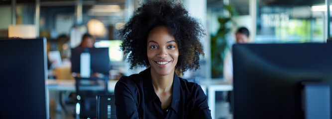 Office Productivity: A beaming professional, seated amidst an open office environment, radiates with self-assurance, her focus drawn toward the camera and her colleagues, capturing a moment of work