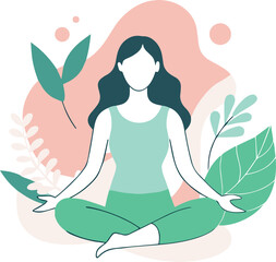 Woman meditating in lotus position amidst calming floral and abstract shapes