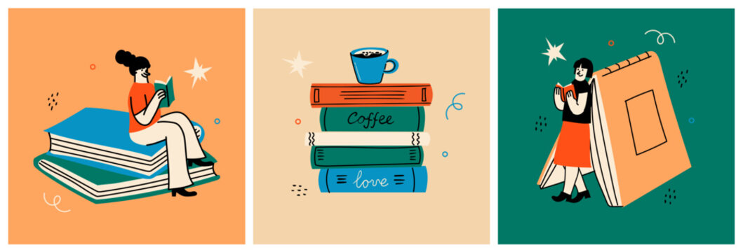 World Book Day graphics - book week events. Modern flat vector concept illustration of reading people, young man reading book flying in the sky in retro style