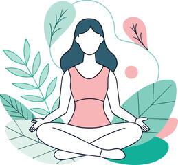 Woman meditating peacefully in lotus position surrounded by abstract botanical elements