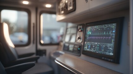 The interior of a train car, specifically the control panel. the panel is mounted on the wall and has multiple screens displaying various graphs and charts.