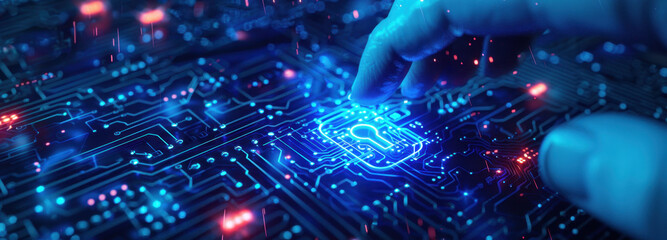 Fototapeta premium Cybersecurity in Focus: A person's hand interacts with a glowing circuit board, highlighting concepts of digital security, technology, data protection, and internet safety.