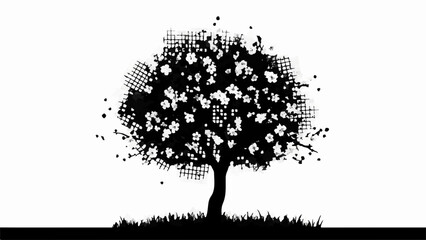 Stylized silhouette of a blooming tree with textured foliage against a stark white background.