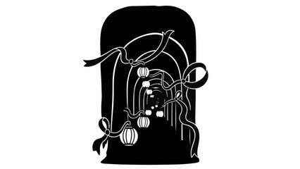 Mysterious dark hallway with illuminated lanterns and flowing ribbons, creating an atmospheric and intriguing perspective.