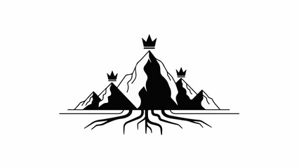 Majestic mountain peaks crowned with royal insignias, rooted deeply in the earth.