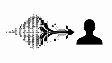 Abstract digital data stream flowing into a human silhouette, representing information processing and AI