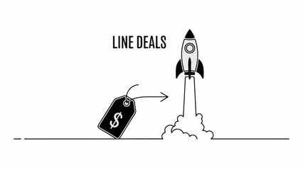 Rocket launch with a price tag flying away, symbolizing successful deals and growth.