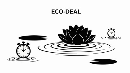 Serene lotus flower blooms in calm water with ticking clocks symbolizing eco-friendly time management