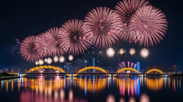 Dragon bridge in da nang, vietnam at night with fireworks display over the han river