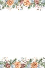 Christmas Advent square vertical Frame, Border. Card Template with Winter plants, dried oranges slices, pine cones and blue glass baubles. Hand drawn Botanical Illustration. Perfect as Card or Poster