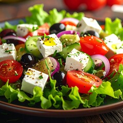 Colorful salad featuring tomatoes, feta, olives, cucumber, and red onions, set on lettuce