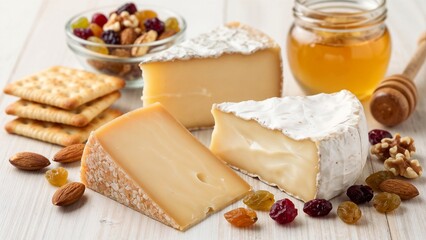 Gourmet cheese board featuring assorted artisan cheeses, crackers, honey, nuts, and dried fruits on white wooden surface. 