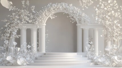 Naklejka premium White floral archway with steps for wedding or event backdrop or stage decoration