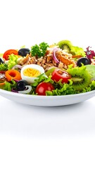 Colorful salad mix with lettuce, tomato, olives, egg, fish, onion, cucumber, kiwi, served on a white dish