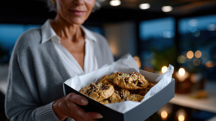 An elegant woman presents a chic box of colorful cookies, showcasing her baking creativity and inviting warmth, perfect for festive gatherings and sweet moments shared together.