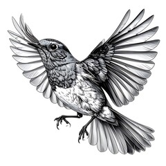 Detailed grayscale sketch of a bird mid-flight, wings spread wide and feathers realistically drawn