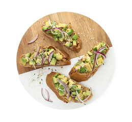 Delicious bruschettas with avocado, onion and microgreens isolated on white, top view