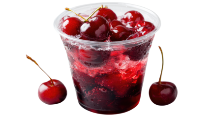 Refreshing cherry drink in transparent plastic cup with ice showcasing vibrant red beverage for summer refreshment isolated on white background