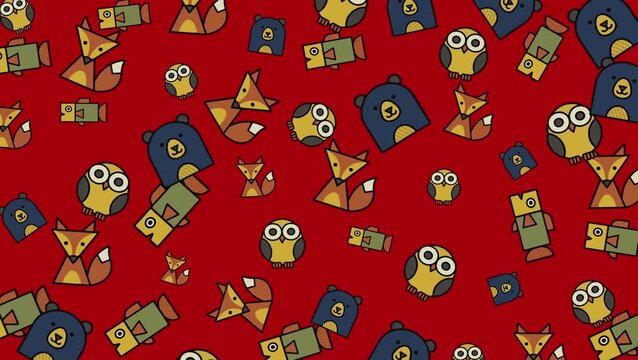 A seamless looping pattern with cute geometric foxes, owls, bears, and fish on a bold red background. Playful rotating animation ideal for motion graphics and children&rsquo;s themes.