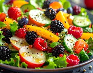 Colorful salad. Ripe berries, sliced cucumber, & diced fruit atop fresh greens. Vibrant colors