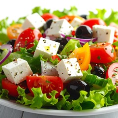 Colorful salad with feta, tomatoes, olives and lettuce on a plate, vibrant and fresh