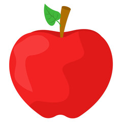 A flat vector illustration of a bright red apple with smooth shading, a brown stem, and a green leaf, representing freshness, health, and simple modern food design.