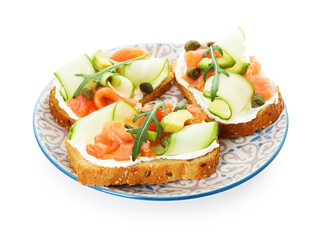 Tasty bruschettas with salmon, arugula, avocado and cream cheese isolated on white