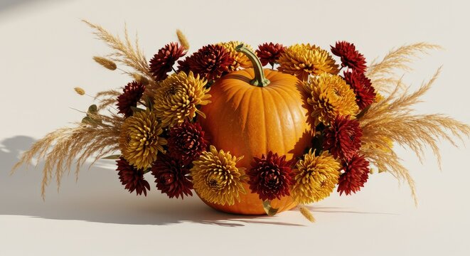 Festive Autumn Pumpkin Adorned with Chrysanthemums and Pampas Grass. - Powered by Adobe