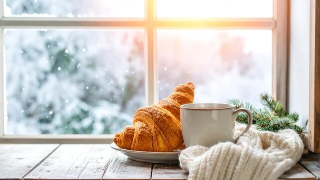 Cozy winter scene flaky croissants and coffee by a snowy window. A warm knitted blanket adds comfort