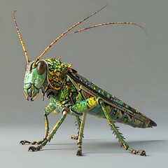 Detailed green & yellow grasshopper stands on grey. Striking colors and intricate textures are visible