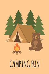 Camping Fun Cute Cartoon Bear Sitting by a Tent and Campfire Surrounded by Pine Trees in the Forest.