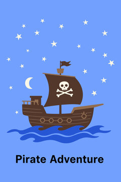 Pirate Adventure Vector Illustration of a Classic Pirate Ship with Skull and Crossbones Sail on Blue Ocean Waves at Night.