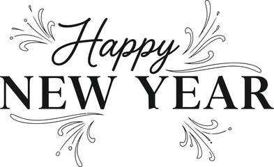 Elegant hand lettered happy new year greeting with decorative floral swirls and flourishes