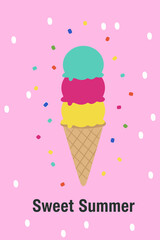 Sweet Summer Colorful Ice Cream Cone with Three Scoops and Sprinkles on a Bright Pink Background.