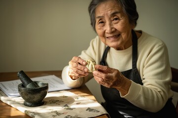 Grandmother teaching a traditional dumpling recipe with gentle hands in kitchen