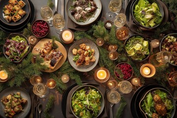 Festive table setting with various dishes and drinks during a gathering