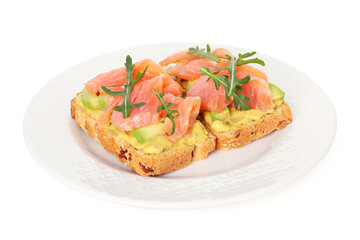 Tasty bruschettas with salmon, arugula and avocado isolated on white