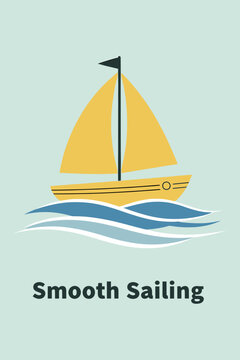 Smooth Sailing Cute Vector Illustration of a Simple Yellow Sailboat on Blue Ocean Waves for Summer Travel.