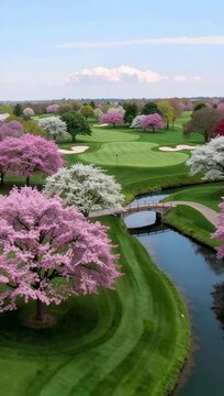 Breathtaking Aerial View of a Golf Course in Full Spring Bloom with Flowering Trees.