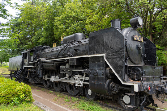 Old steam locomotive C59 161 in a Hiroshima city park